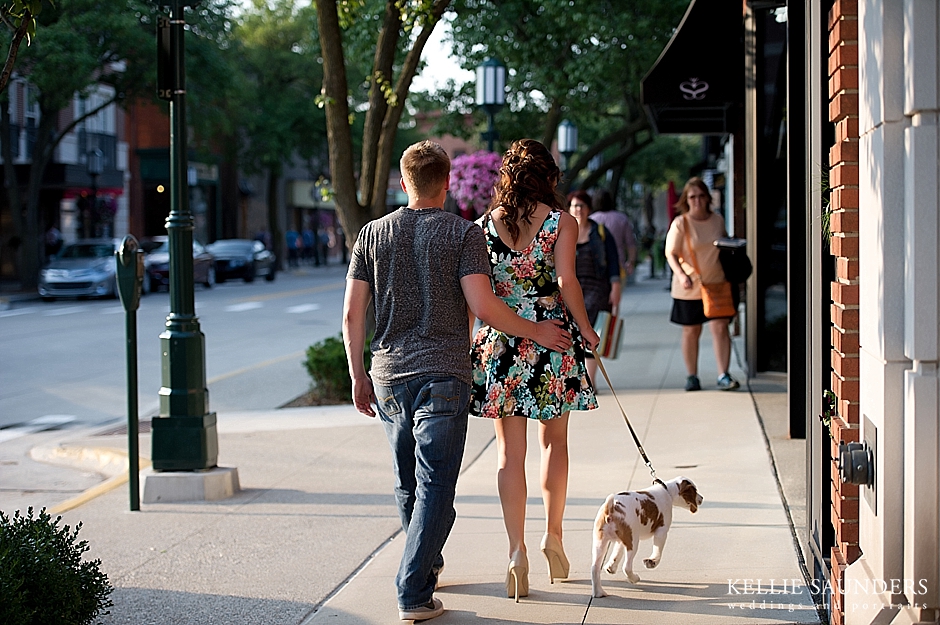 city engagement photo with dog, birmingham michigan engagement pictures